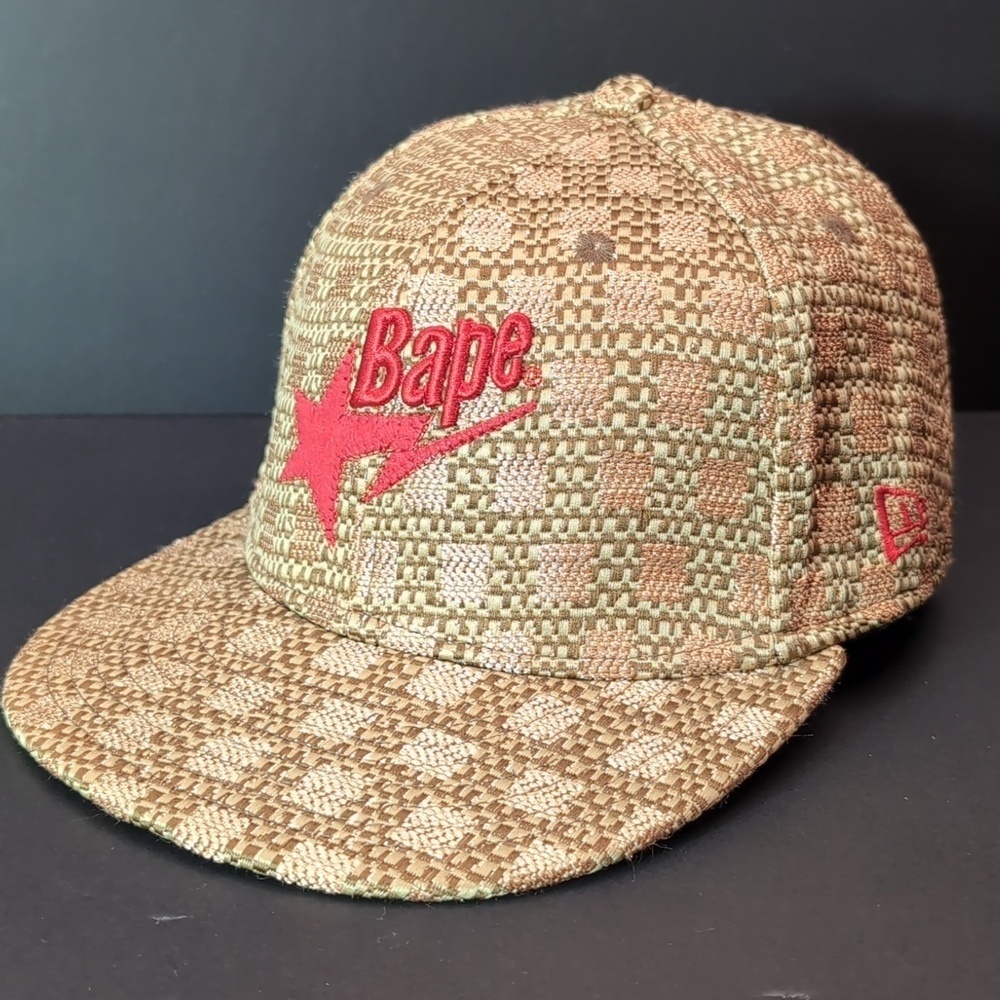 Ape/ Bape Gold Checkered 100% Wool Men's Flat Bill Fitted Hat,Size 7 1/8 57 cm.